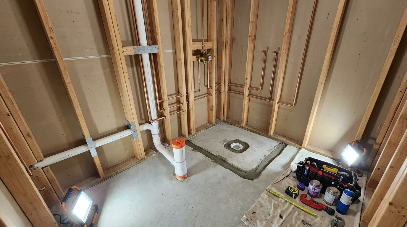 Bathroom rough-in plumbing during remodel by Johns Plumbing LLC in Kingston