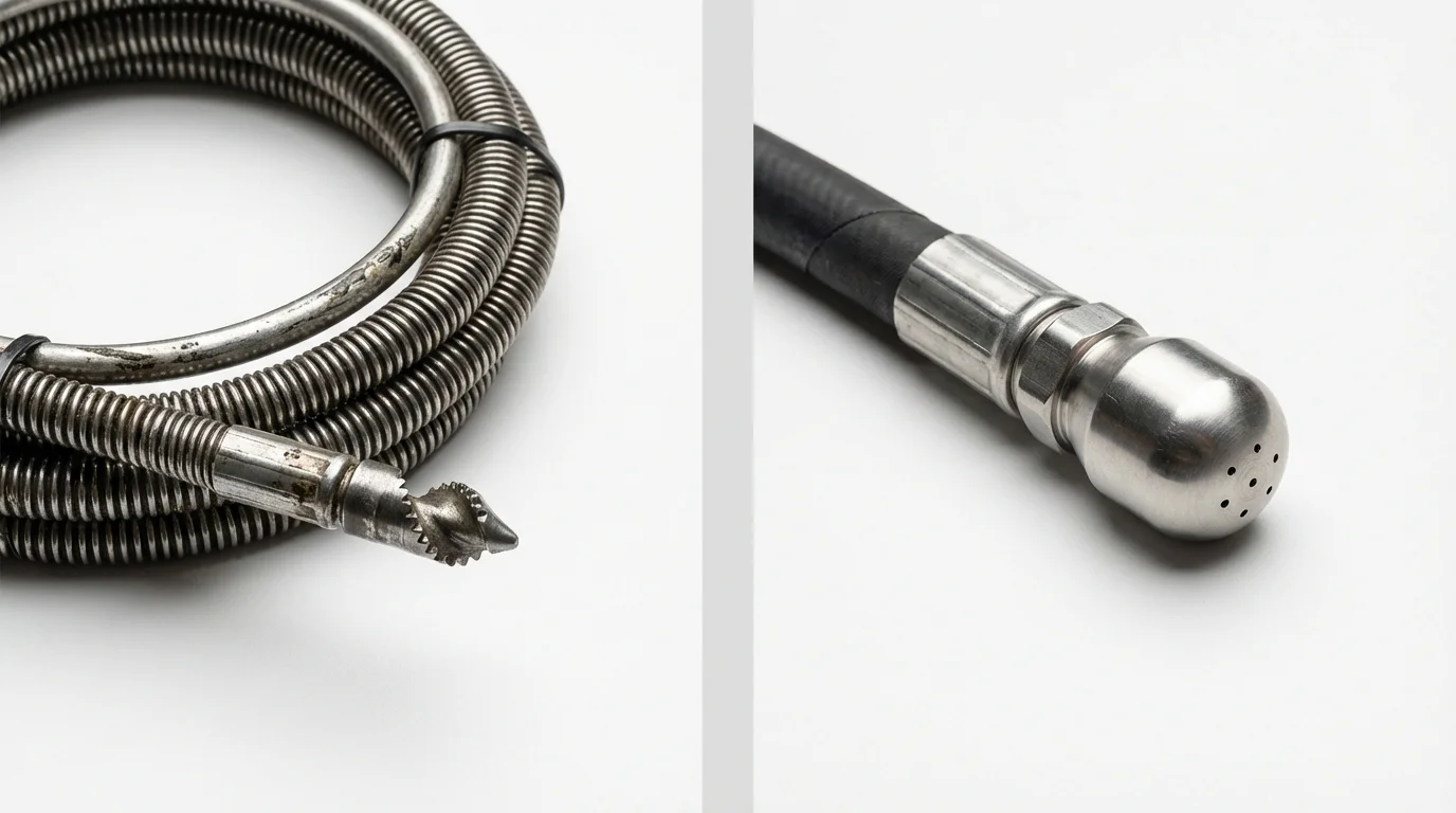 Drain snake cable and hydro jetting nozzle used for drain cleaning in Kingston, NJ