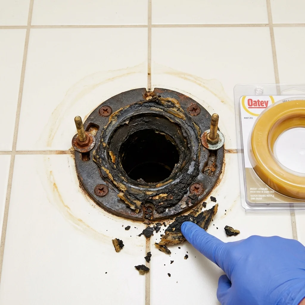 Failed wax ring showing water seepage at the base of a toilet in a Kingston, NJ home