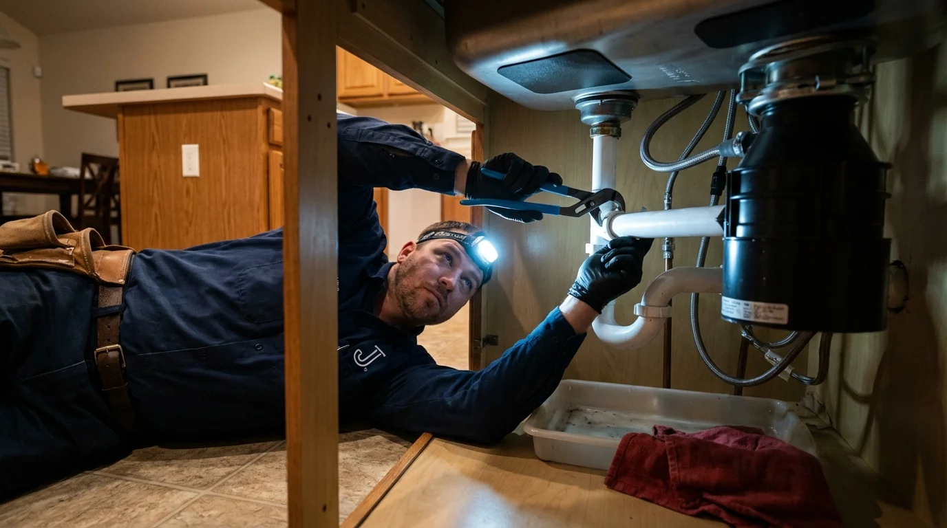 P-trap and supply line connections under a kitchen sink showing a common leak point in Kingston, NJ